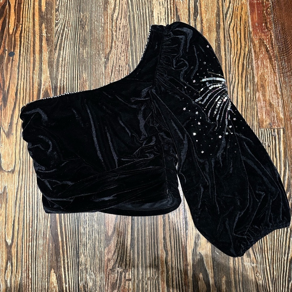 FOR LOVE AND LEMONS VELVET Black One-Shoulder Velvet Top with Rhinestone Detail